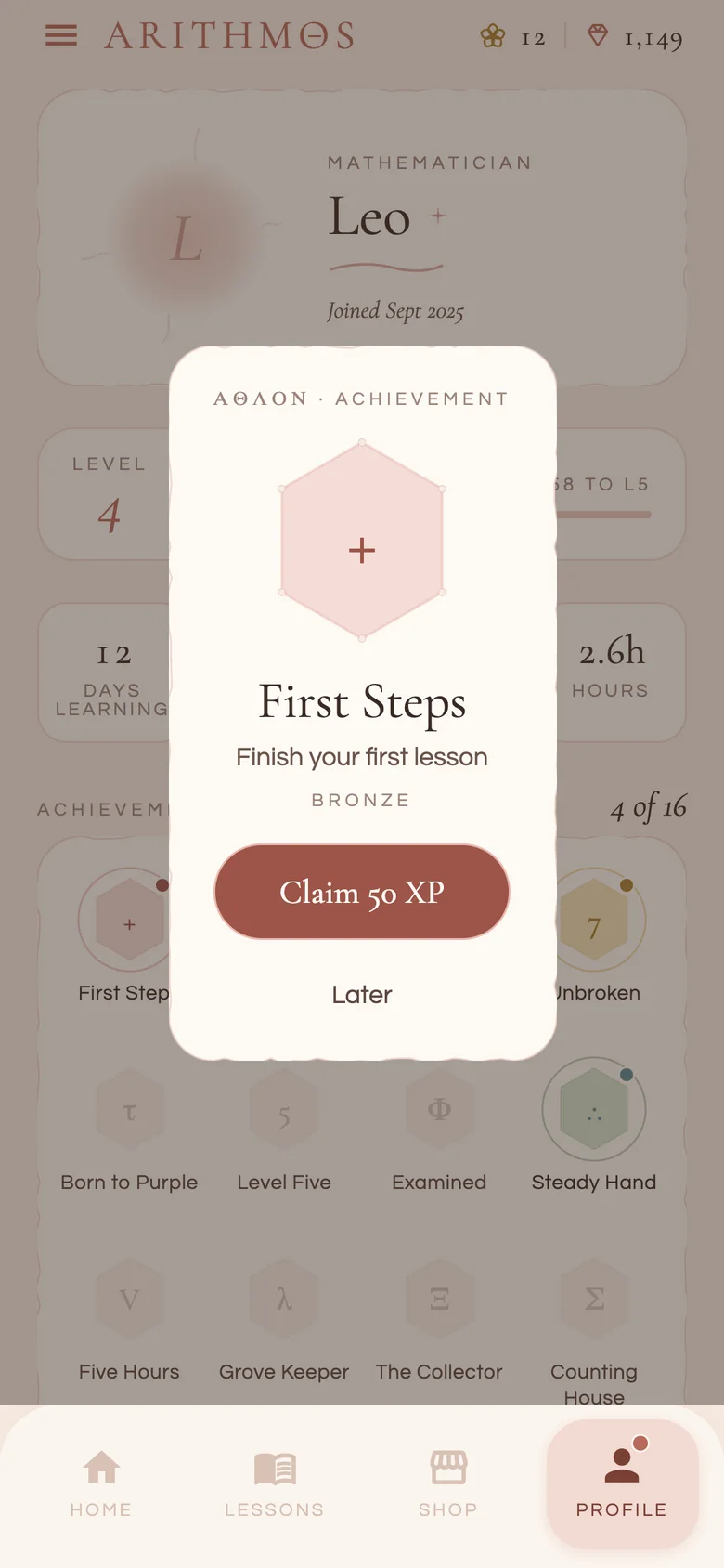 An achievement called Unbroken, earned for practising on seven days, with a Claim 200 XP button