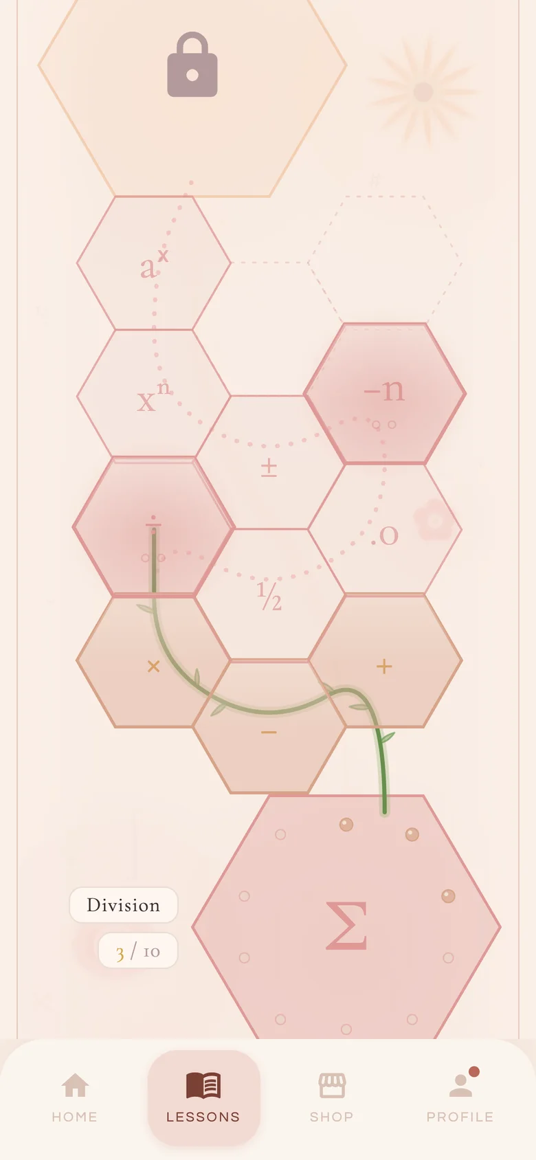The lessons map: a comb of hexagonal topics with a green vine growing through the completed ones, and Division marked three of ten